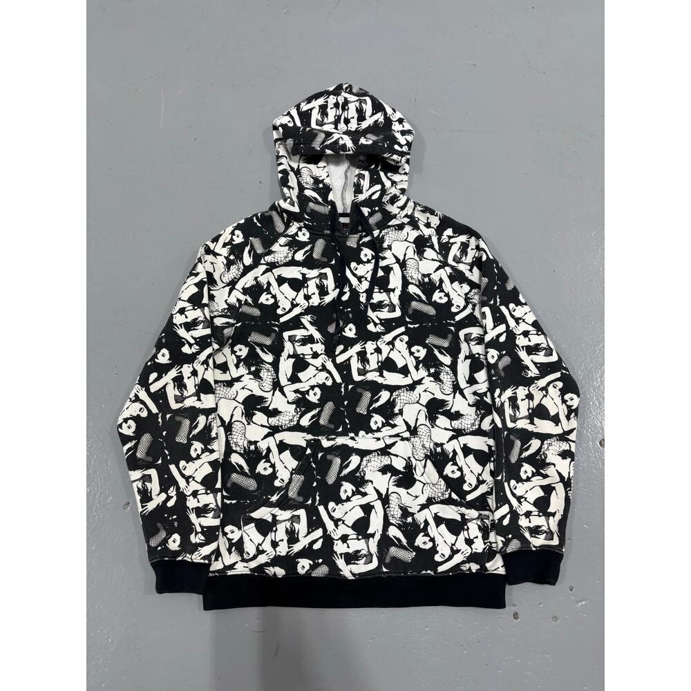 Mishka‎ NYC Women AOP Hoodie All Over Print Pin-Up Graphic Black White Small Y2K